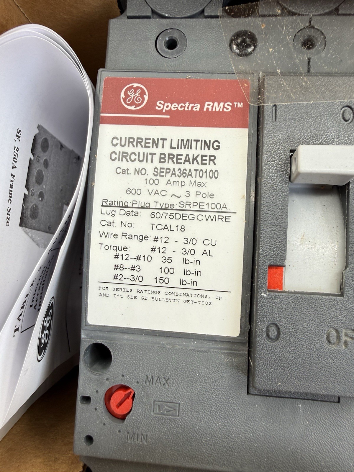 GENERAL ELECTRIC SEPA36AT0100 3-POLE 100A 600V CIRCUIT BREAKER (NEW IN BOX)