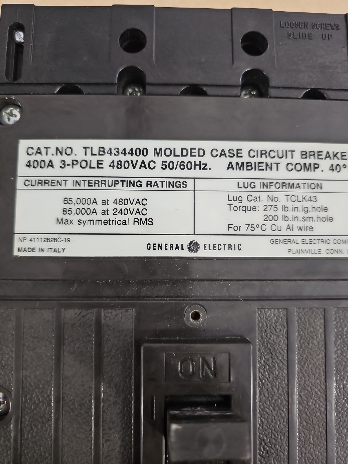GE 400 Amp Circuit Breaker 3 Pole 480 VAC TLB434400 MAG ADJ MADE IN ITALY TESTED