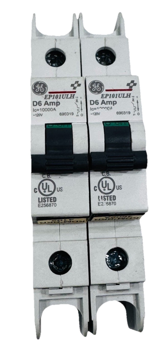 Lot of 2 ea GE EP101ULHD6 / 690319 E256870 6 Amp Mini Circuit Breaker 1 Pole 120