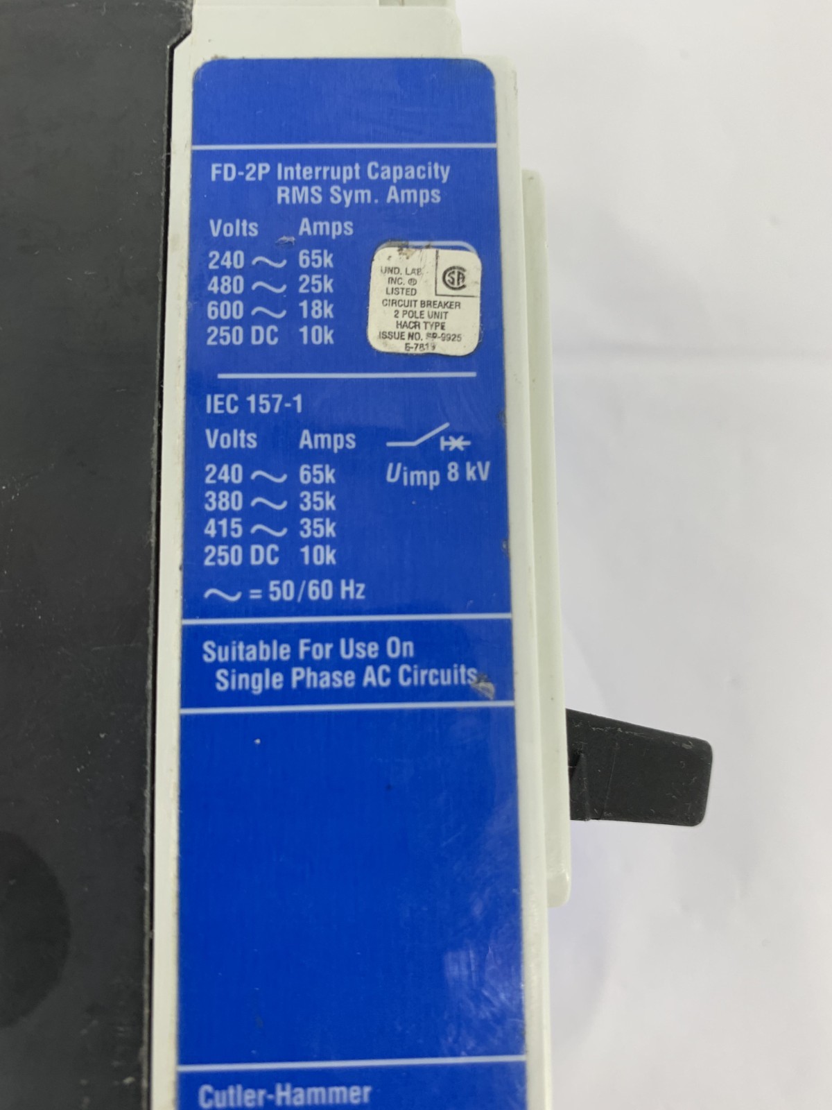 Eaton FD2040 40A 2P 600VAC Circuit Breaker w/Eaton SNT1RP08K Shunt Trip
