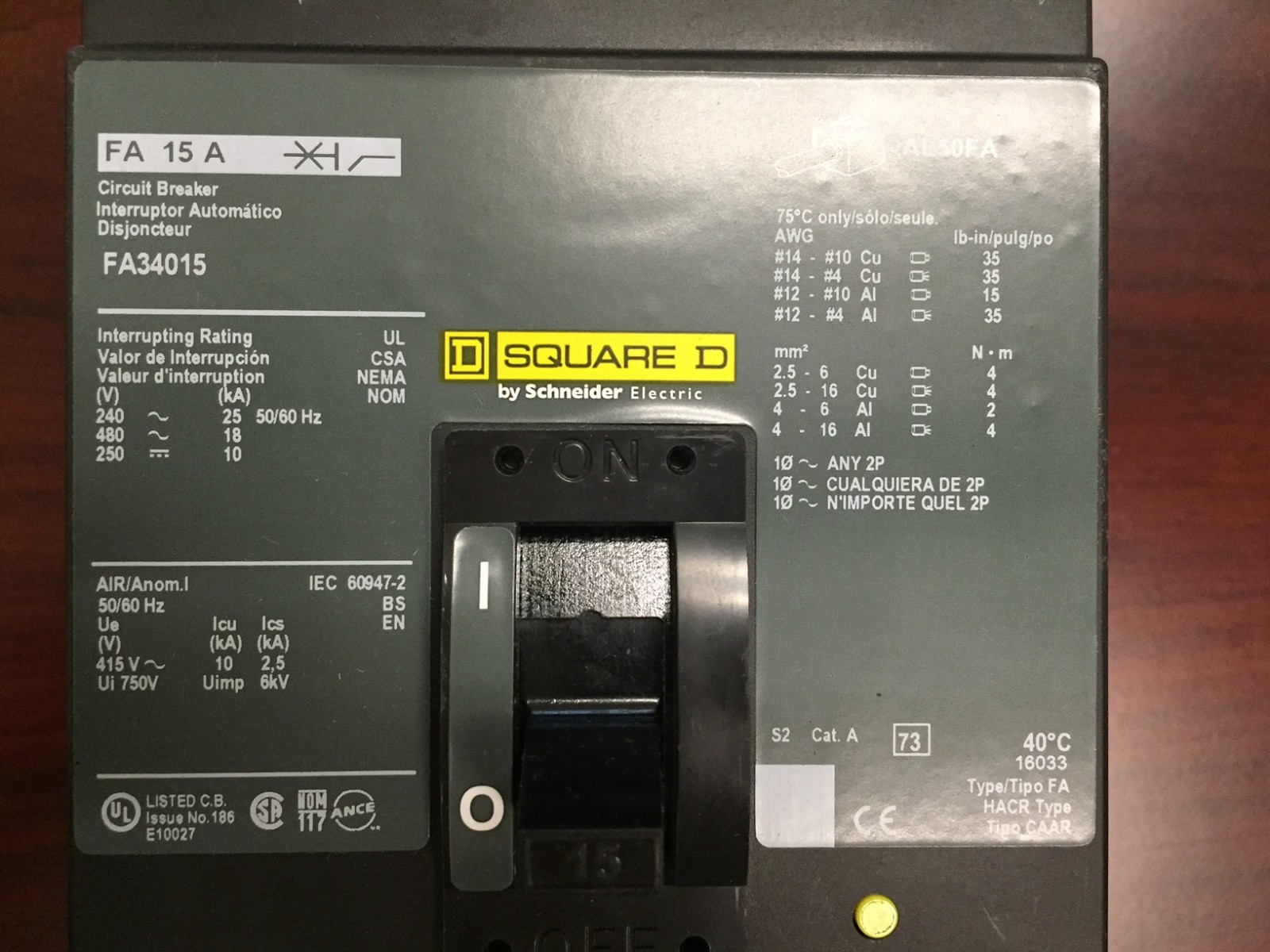 FA34015 3 Pole 15 Amps 480 Volt I-Line NEW Square D Circuit Breaker