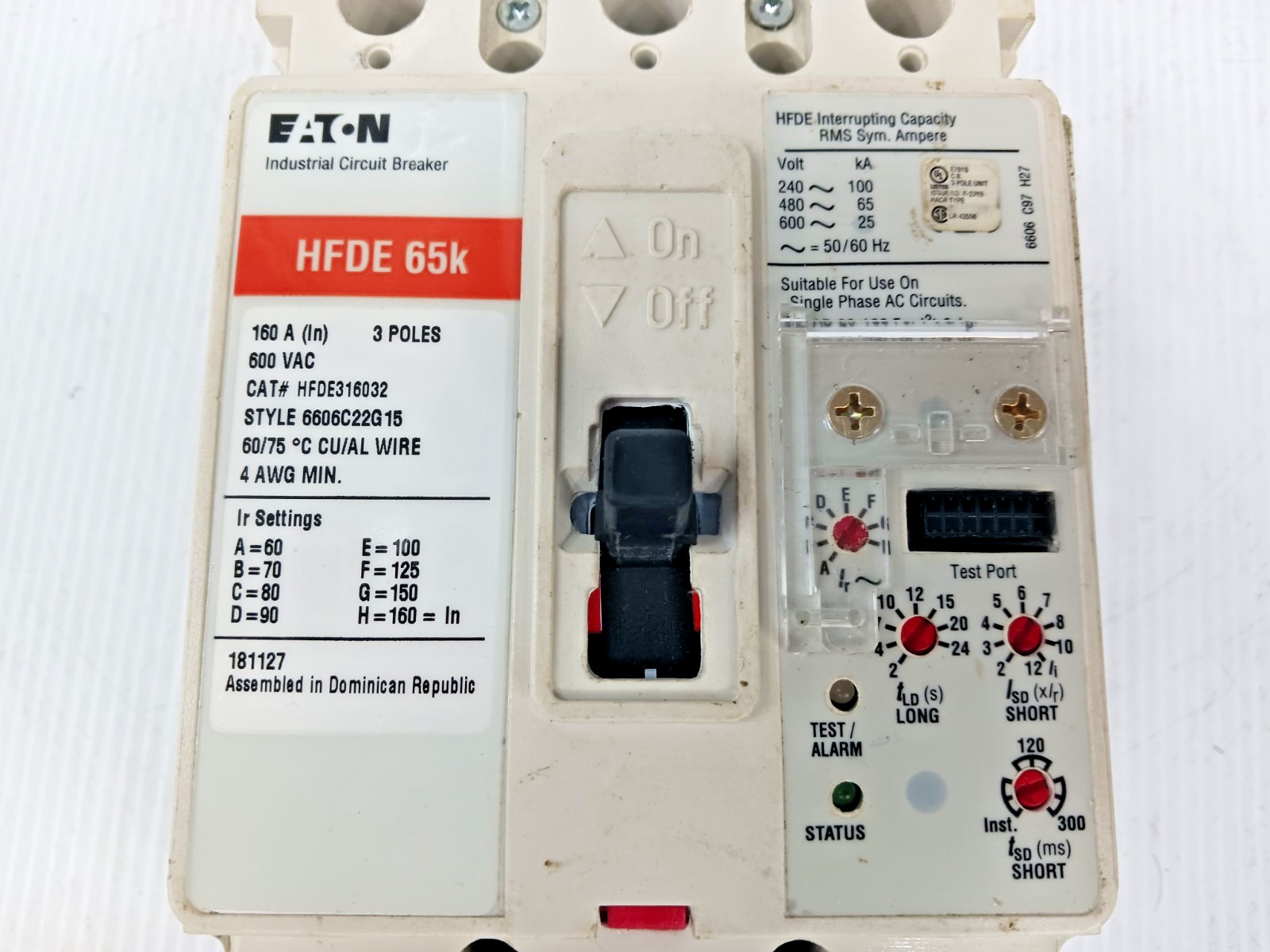 Eaton 160 Amp Circuit Breaker W/ LSI Test Alarm Trip 3 Pole 600 VAC HFDE316032