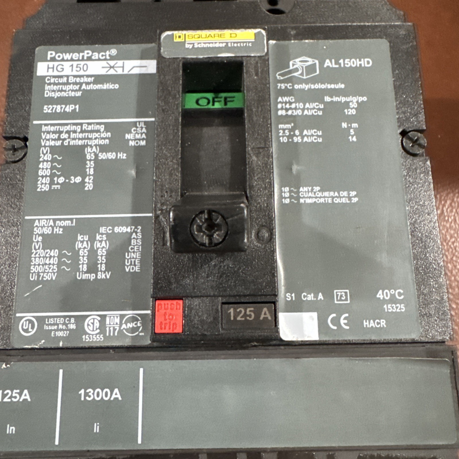 Square D 3P 125A PowerPact HG 150 527874P1 125 AMP Circuit Breaker 3 Pole