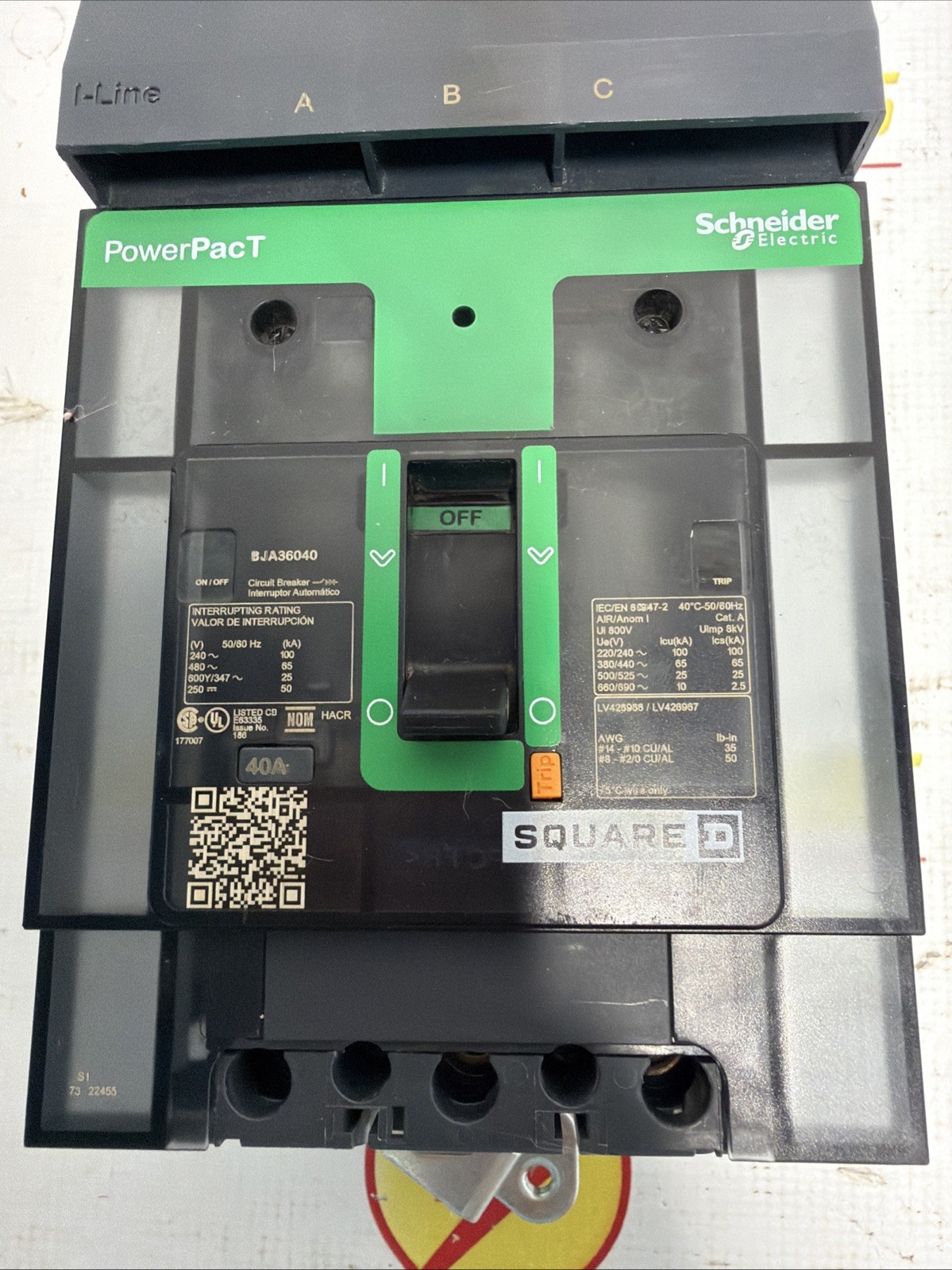 Square D I-Line Circuit Breaker BJA36040 40 Amp 480Y/277 Volt 3 Pole