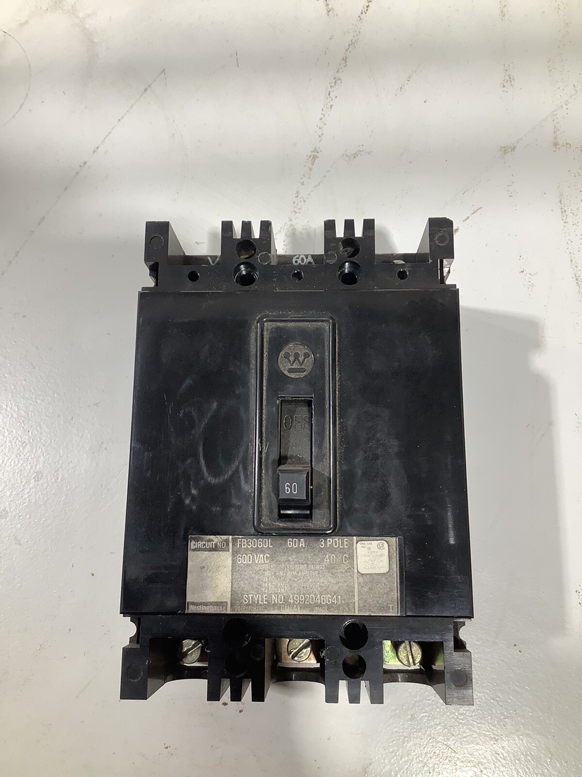 Westinghouse FB3060L 60A 600V Molded Case Circuit Breaker 600VAC 3-Pole 3 Phase