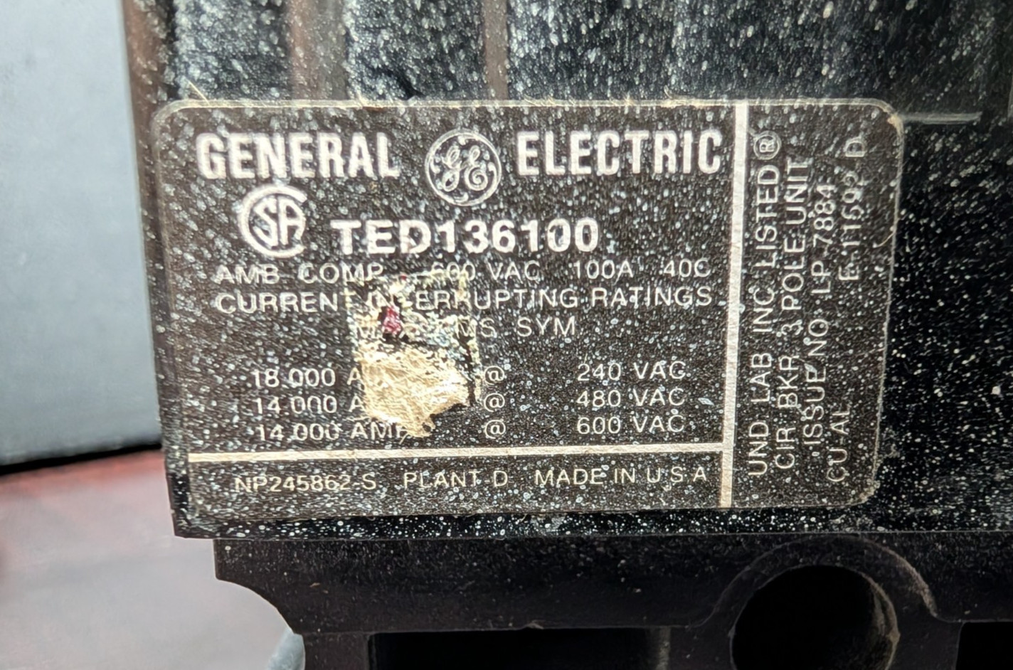 🤪 GE 100 AMP CIRCUIT BREAKER 600 VAC 3 POLE TED136100