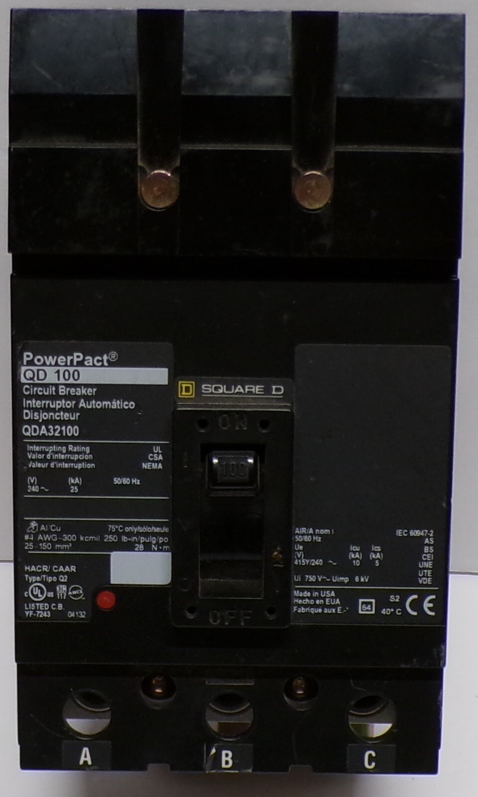 SQUARE D POWERPACT QD 100 QDA32100 3 P 100A Circuit Breaker