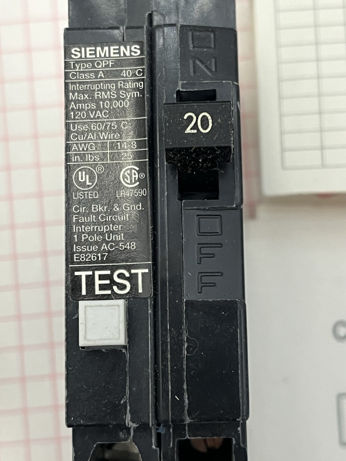 TWO each ITE Siemens QF120: Ground Fault Circuit Breaker, 20A, 120VAC, GFCI