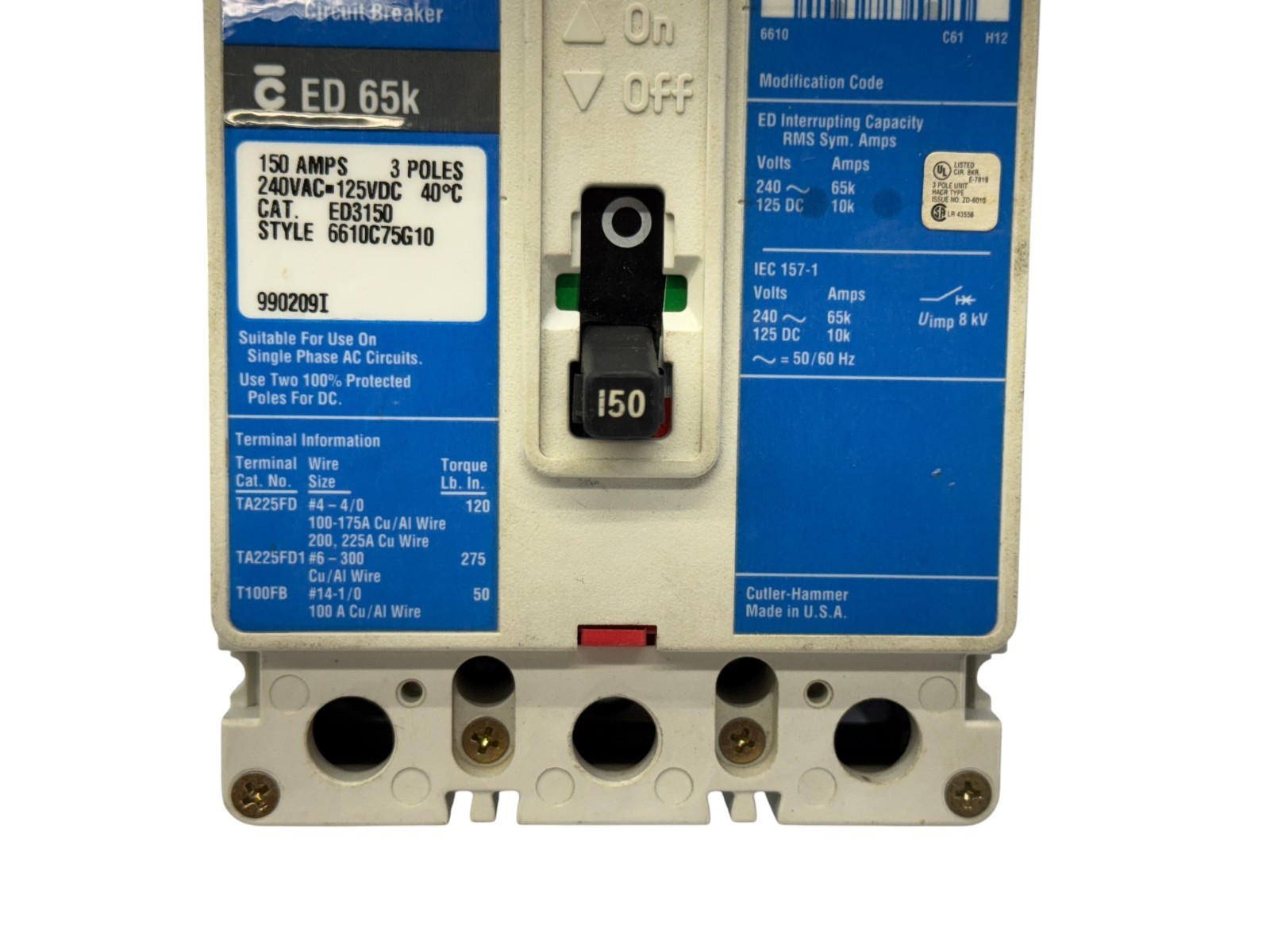 EATON ED3150 150A 3-POLE 240V ED F-FRAME 65KA MOLDED BOLT-ON CIRCUIT BREAKER