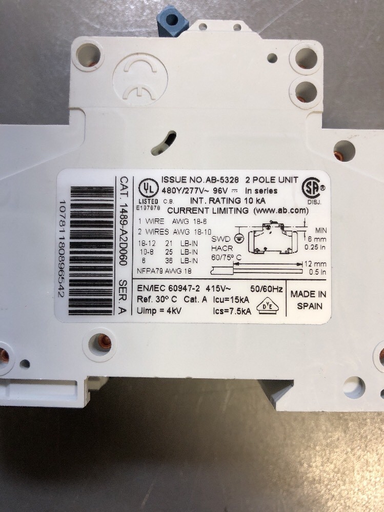 NEW, ALLEN BRADLEY, 1489A2D060, 2 POLE, 277/480V, 6A, CIRCUIT BREAKER. (12E-3)