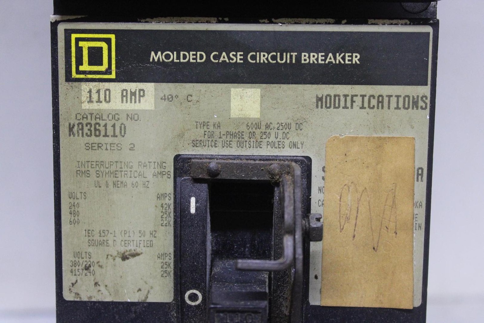 SQUARE D I-LINE CIRCUIT BREAKER KA36110 SERIES 110 AMP 600 VAC 3-POLE