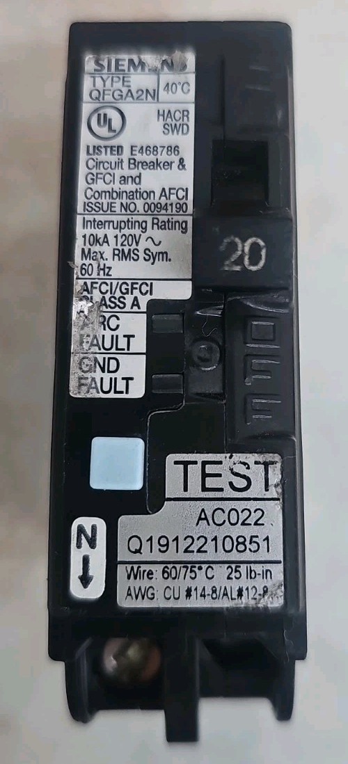 Siemens Q120DFN QFGA2N 20 Amp Dual AFCI/GFCI 1-Pole Plug In Neutral Breaker