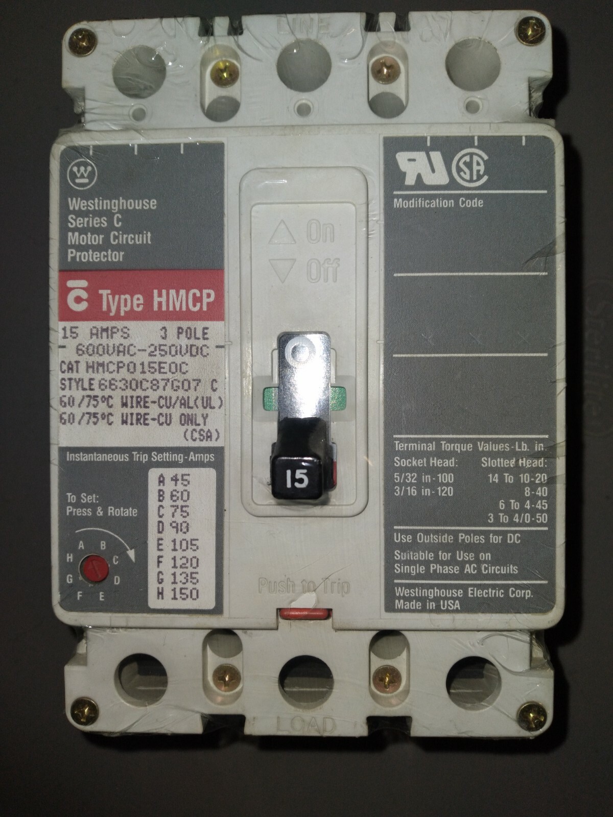 HMCP015E0C Cutler Hammer, Eaton, Westinghouse Circuit Breaker Series C HMCP 15 A