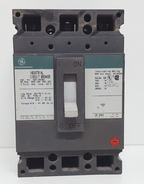 GE TED136060 CIRCUIT BREAKER 3 POLE 60 AMPS 600VAC / TESTED OK