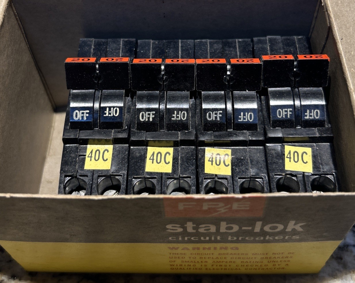 (4)- FPE Federal Pacific 20A 2 Pole NC220 Stab-Lok Breaker THIN NC NEW ORIG BOX