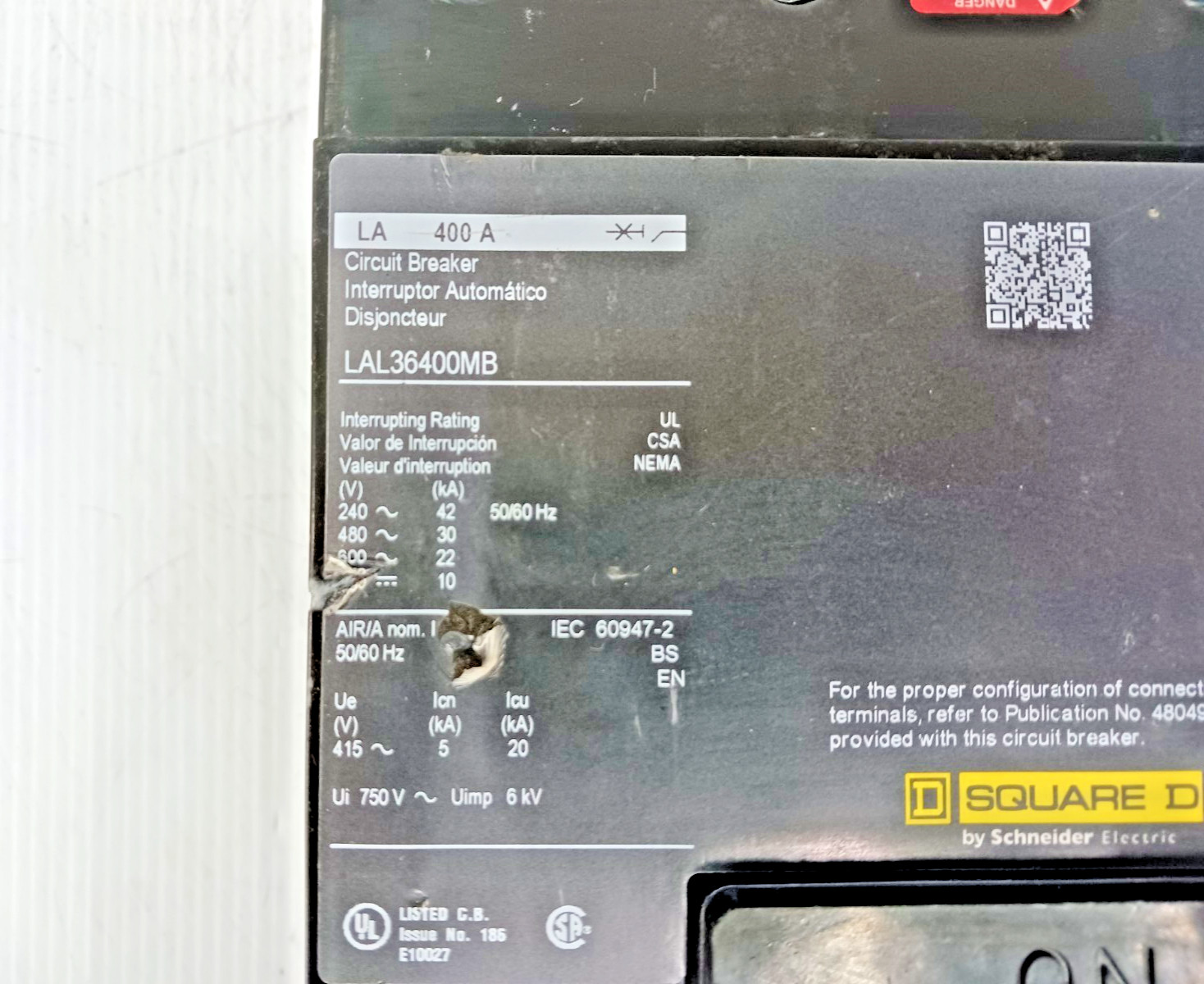 New Square D 400 Amp Circuit Breaker 3 Pole 600 VAC LAL36400MB (NTO)