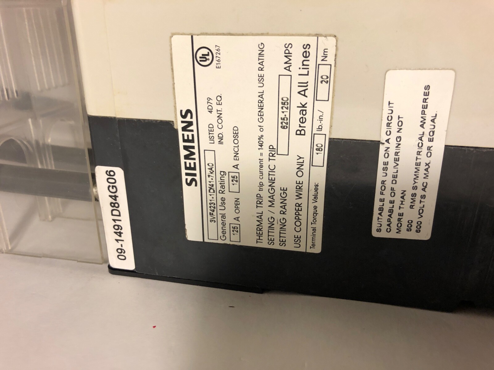 Siemens 3VF4 VDE 0660 IEC 947-2 AC 50/60Hz 3Ph Breaker 125A 600VAC 