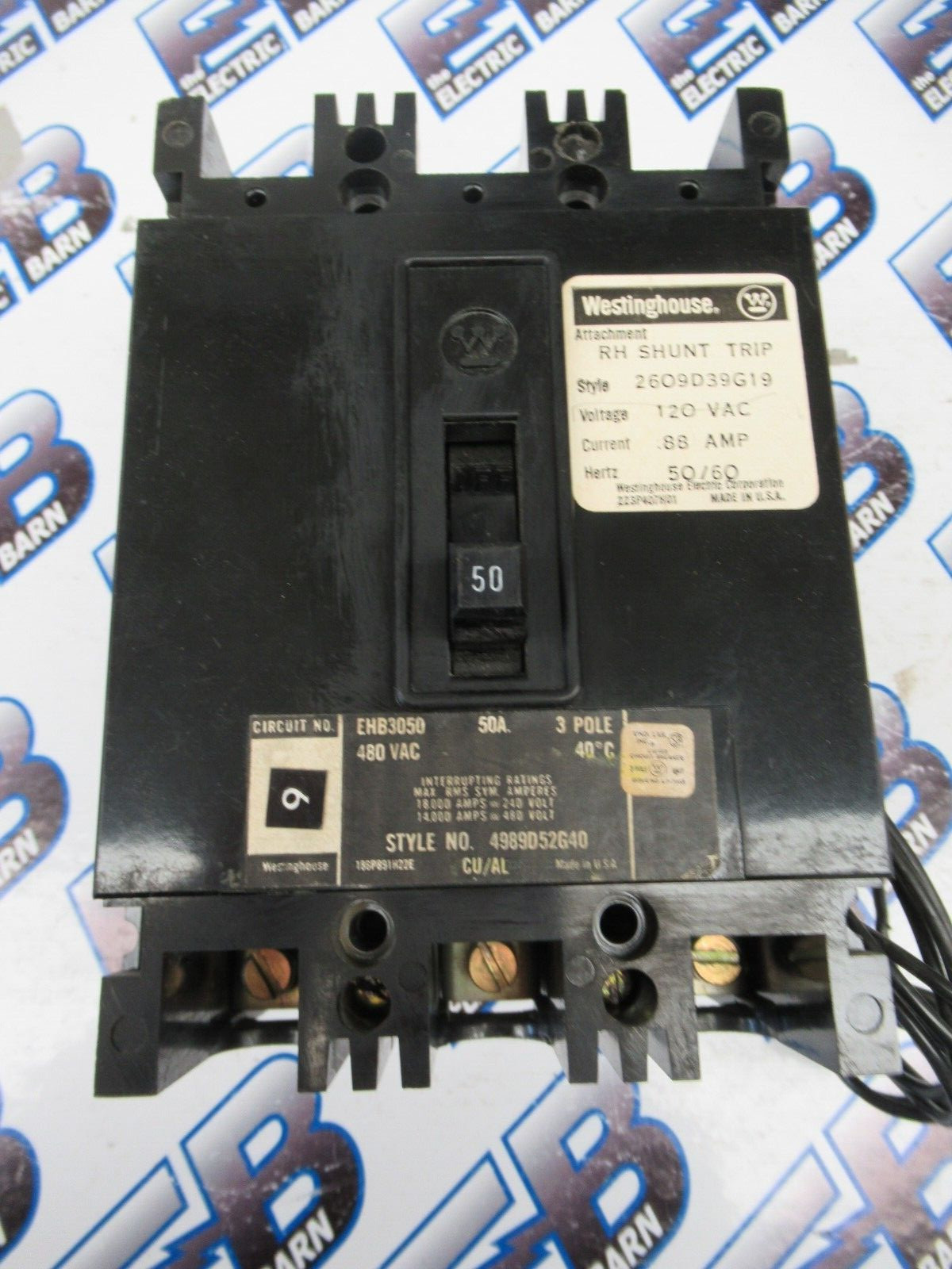WH EHB3050 Circuit Breaker 50 Amp 480 Volt 3 Pole 120V Shunt 14 Kaic