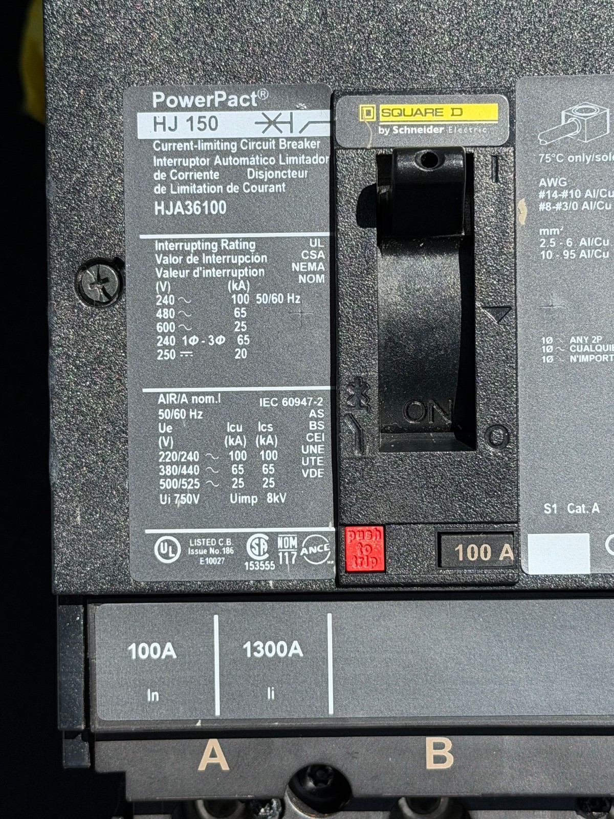 Square D HJA36100 PowerPact 100A 3-P 3-PH 600V Molded Case Circuit Breaker HJ150