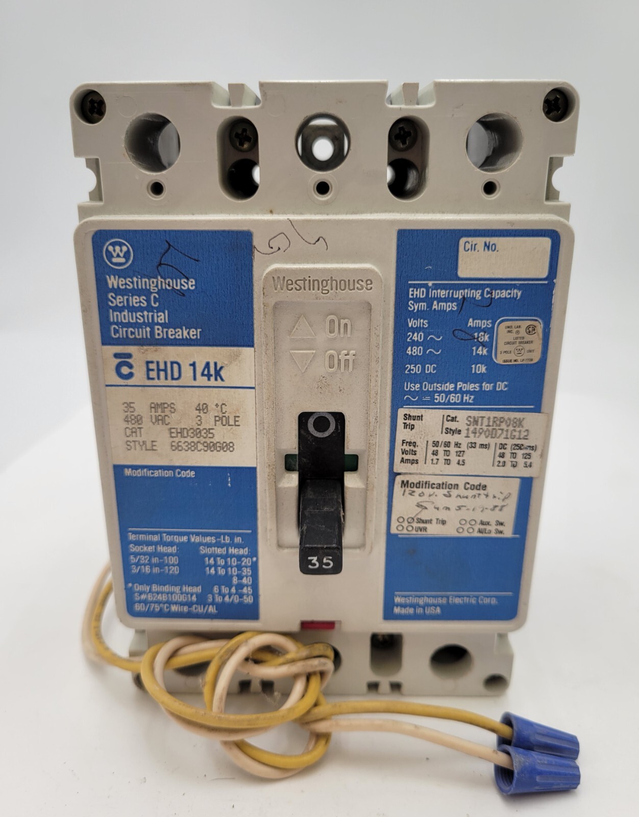 Westinghouse EHD3035 Bolt-On Circuit Breaker 35A 480V 3P 3PH Type EHD Series C
