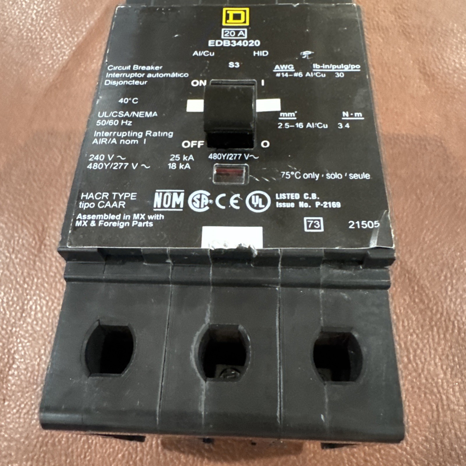 Square D EDB34020 Bolt On Circuit Breaker 20A 3P 480Y/277V 18KA EDB 3 Pole 20Amp