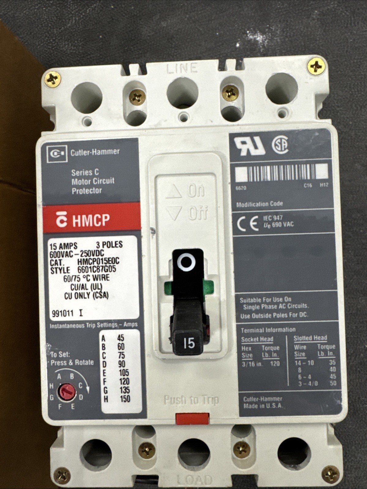 Used EATON /Cutler Hammer HMCP015EOC 15 Amp 600 Volt 3 Pole Circuit Breaker