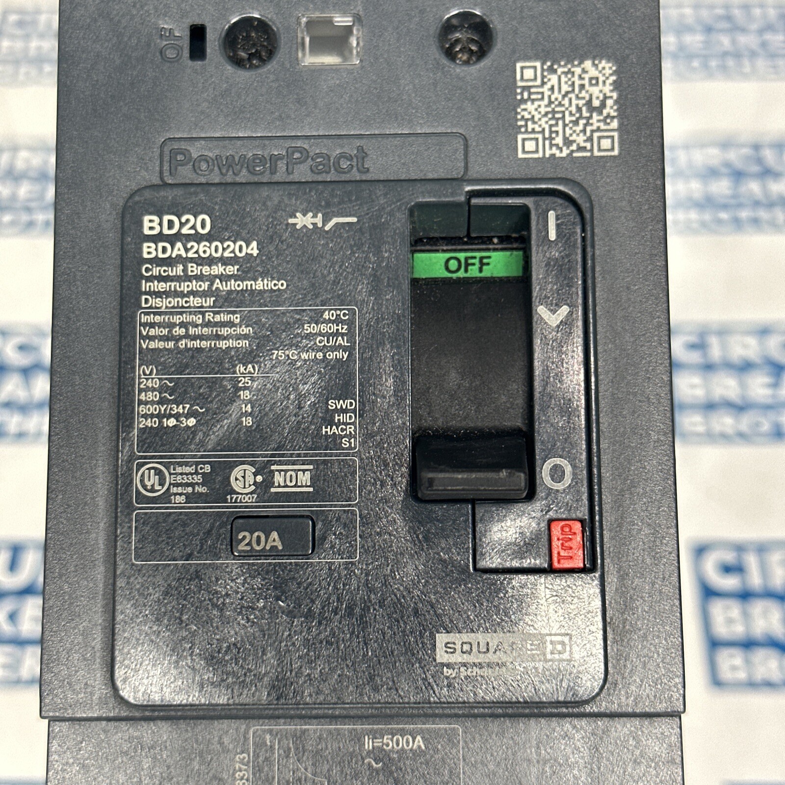 Square D BDA260204 20 Amp 600 Vac 2 Pole PowerPact Circuit Breaker-Warranty