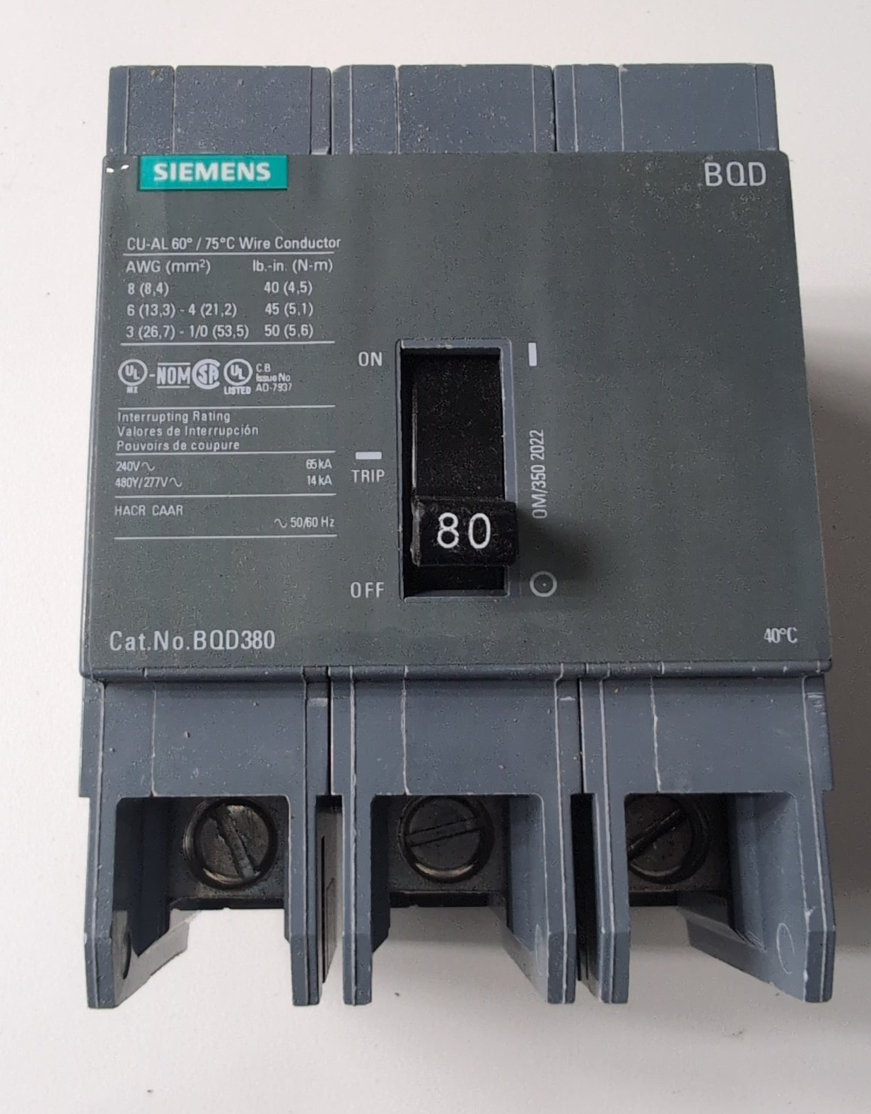 Siemens BQD380 Circuit Breaker 80A 3P 240V 3PH BQD 80 Amp 3 Pole