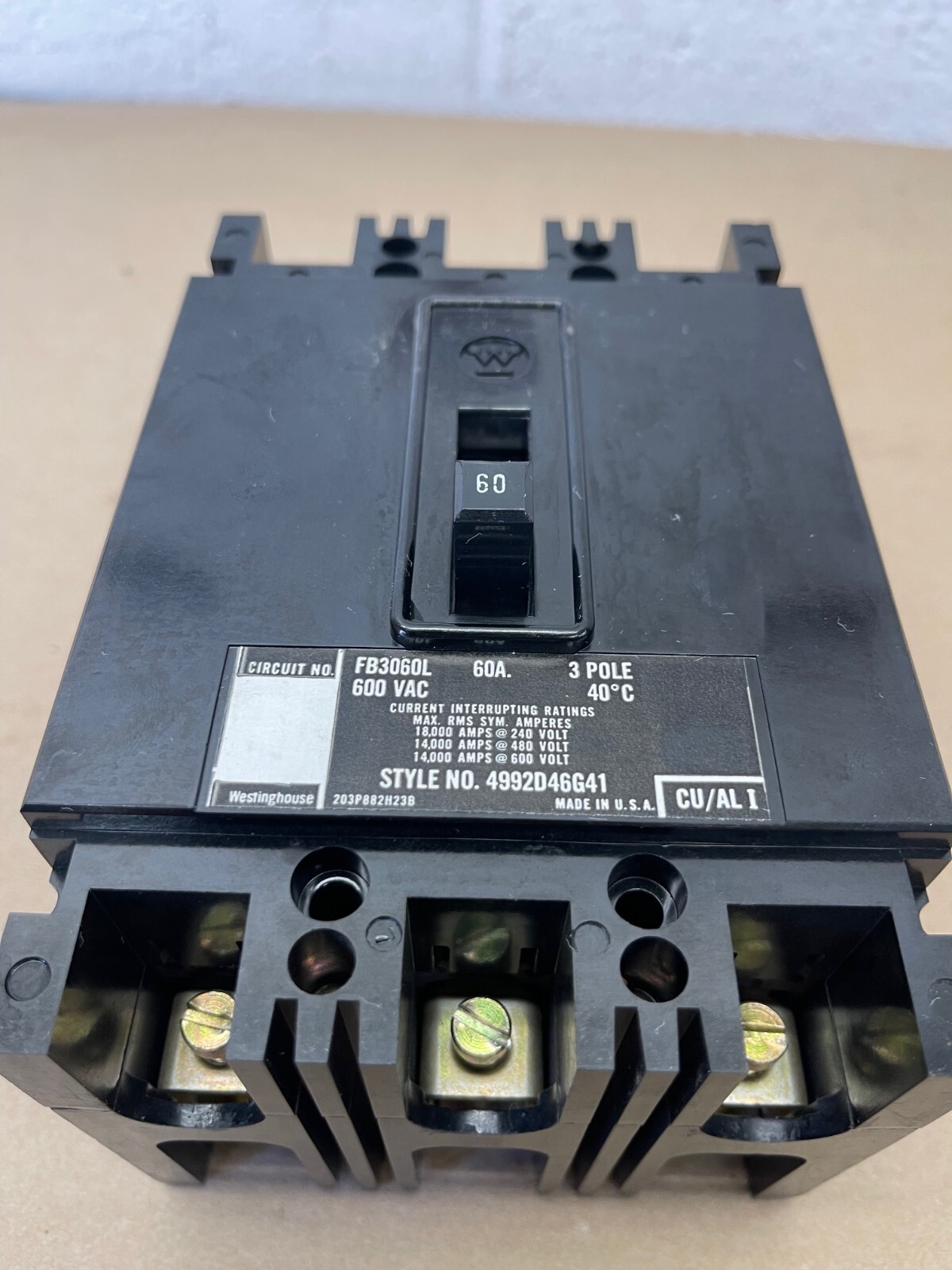 Westinghouse FB3060L, Circuit Breaker, 60 Amp, 3 Pole, 600 VAC