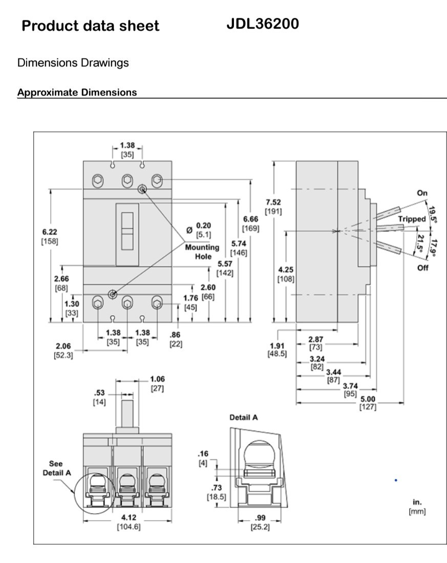 JDL36200 PowerPact J Thermal Magnetic 3P Molded Case Circuit Breaker 200A Square