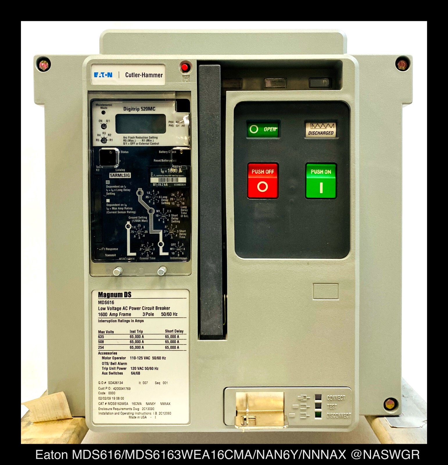 Eaton Magnum DS MDS616 Breaker (E/O,D/O) ~ 1600 Amp – Unused/1Yr Warranty