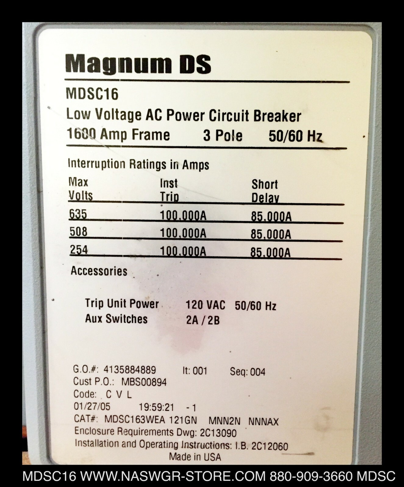 Eaton Magnum DS MDSC16 Breaker (M/O,D/O) ~ 1200 Amp – Tested/1Yr Warranty