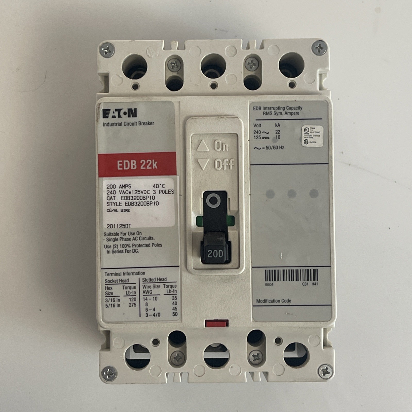 Eaton EDB3200BP10 200A Circuit Breaker 3 Pole EDB 22K 3P 200 Amp