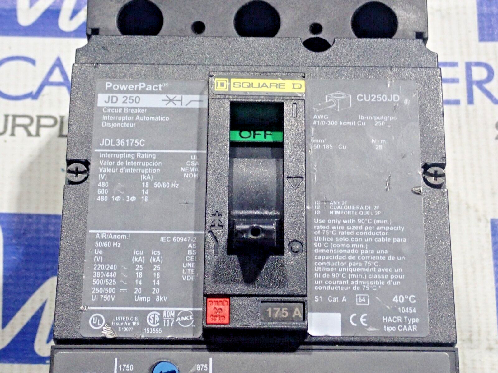 Square D JDL36175C 175 Amp 3 Pole 600V JDL36175 PowerPact Circuit Breaker Tested