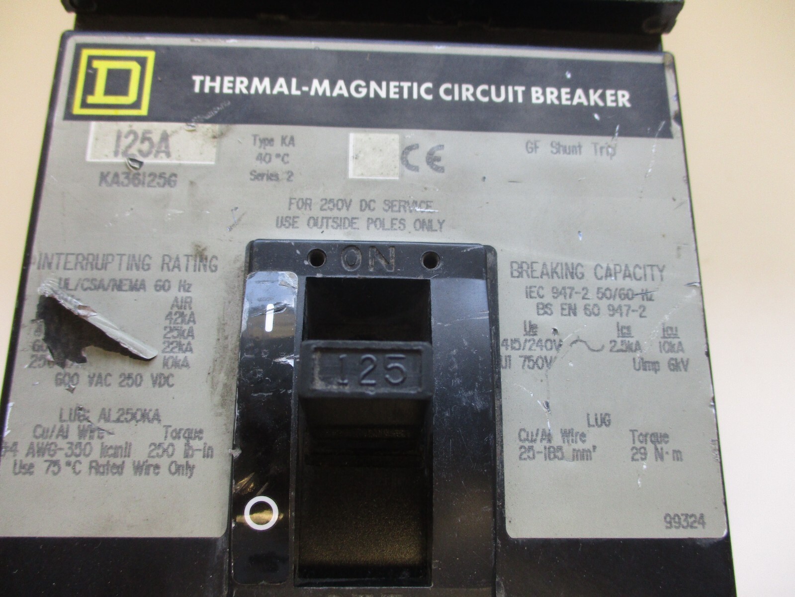 SQUARE D THER-MAG CIRCUIT BREAKER 125A KA36125G W/ GROUND FAULT MODULE GFM250KA