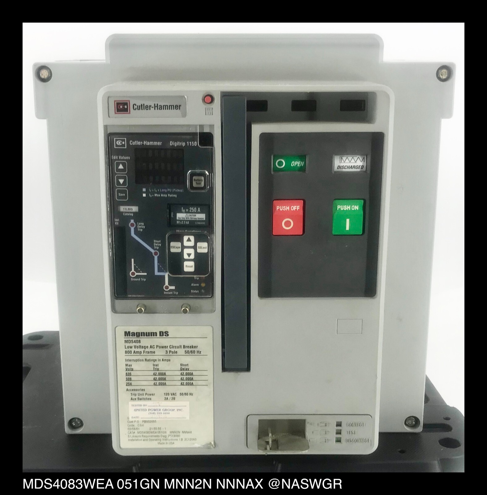 Cutler Hammer Magnum DS MDS408 Breaker (M/O,D/O) ~ 250 Amp – Tested/1Yr Warranty