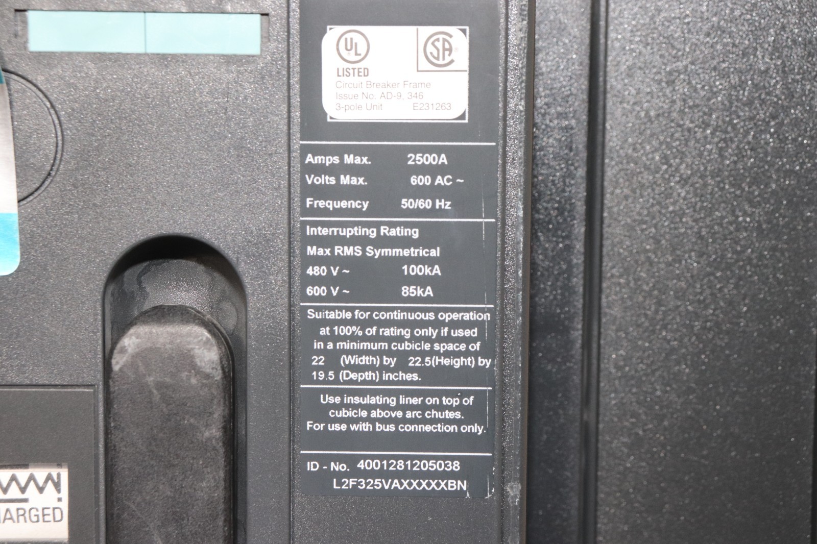 SIEMENS WLL2F325 L2F325VAXXXXXBN 2500A 600V 3-POLE CIRCUIT BREAKER, 100KA@480V