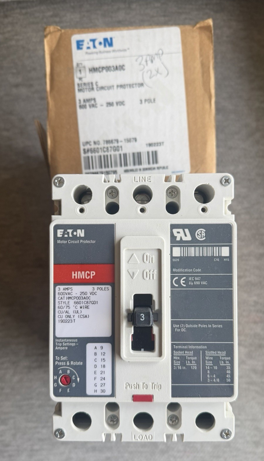 NIB Eaton HMCP HMCP003A0C 3A 3-Pole 600VAC/250VDC Motor Circuit Protector