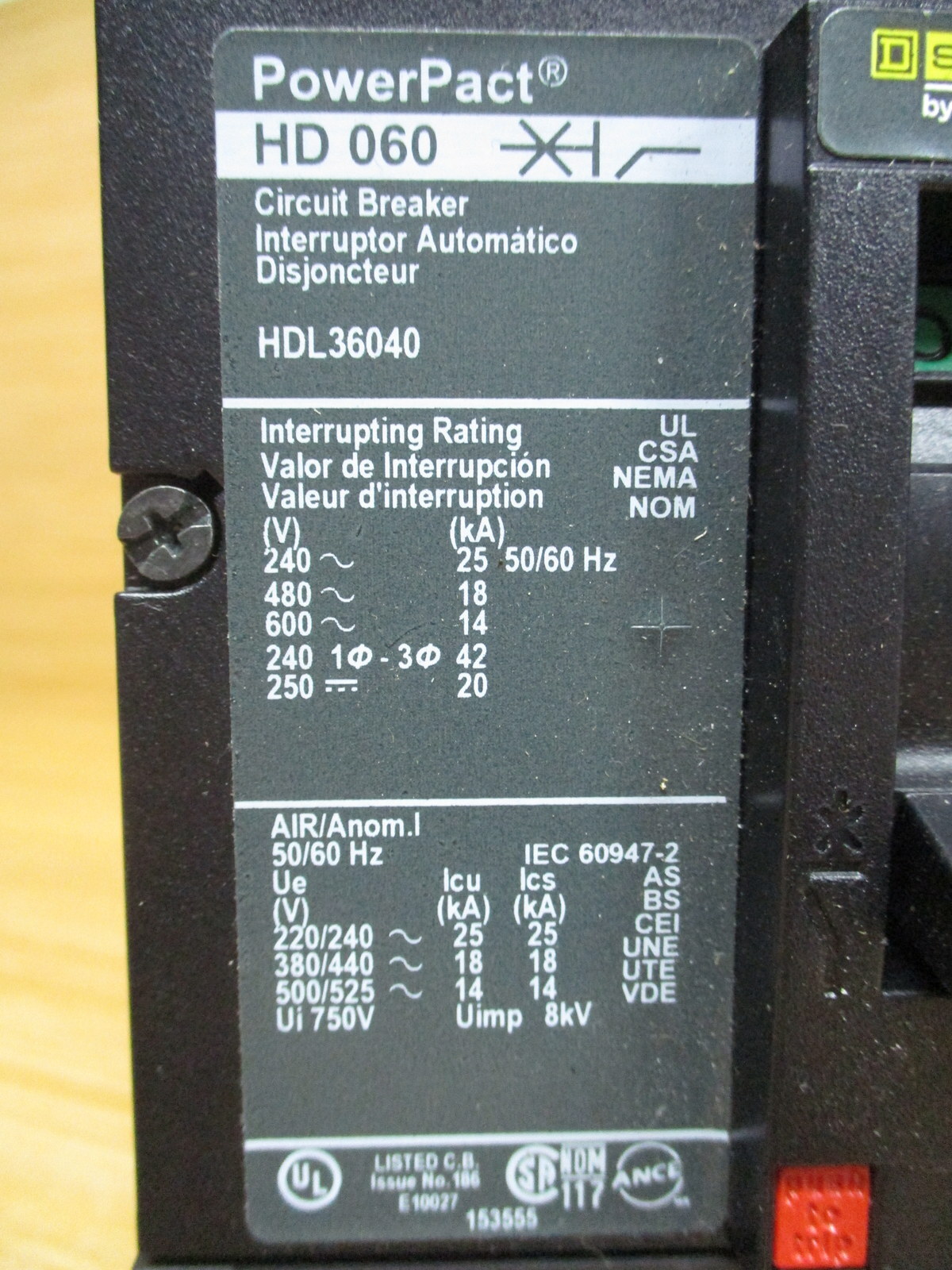 Square D HDL36040 Schneider PowerPact 40A Circuit Breaker Mounted