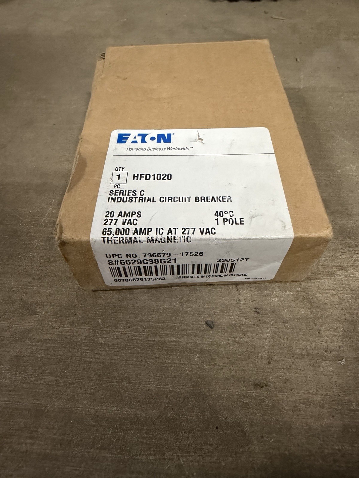 Eaton HFD1020 65K AIC Molded Case Bolt-On Circuit Breaker 1-Pole 20A 277V | NEW