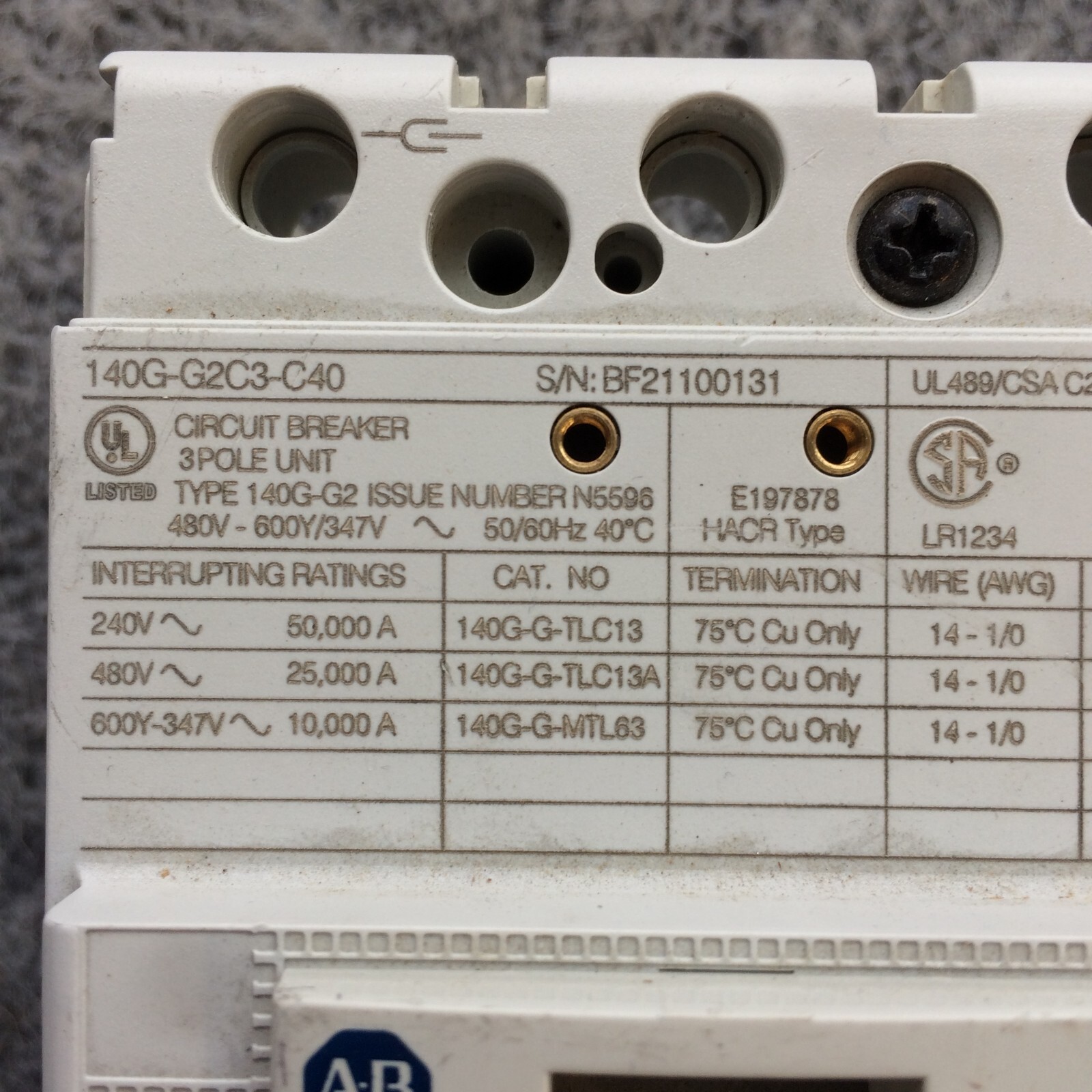 140G-G2C3-C40 Allen-Bradley 3-Pole 480V Molded Case Circuit Breaker