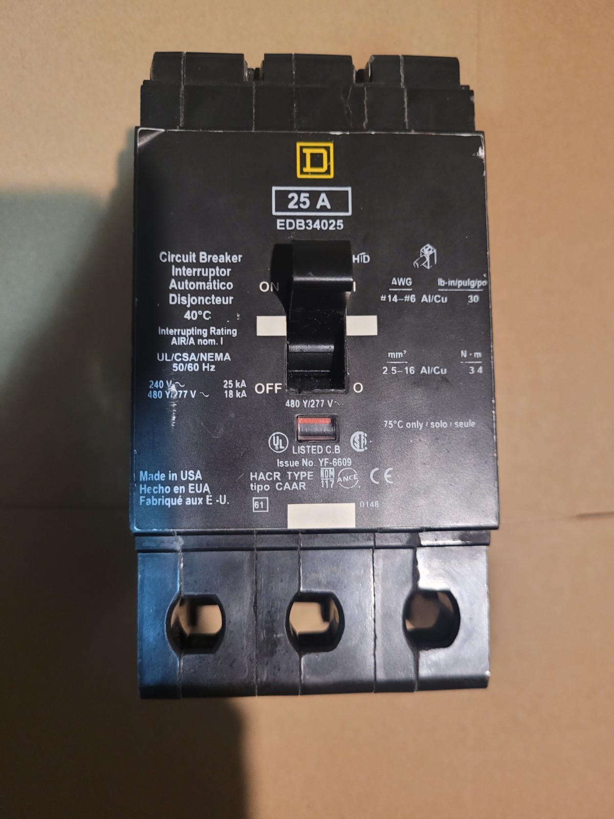 Square D EDB34025 Bolt On Circuit Breaker 25A 3P 480/277V EDB 25 Amp 3 Pole