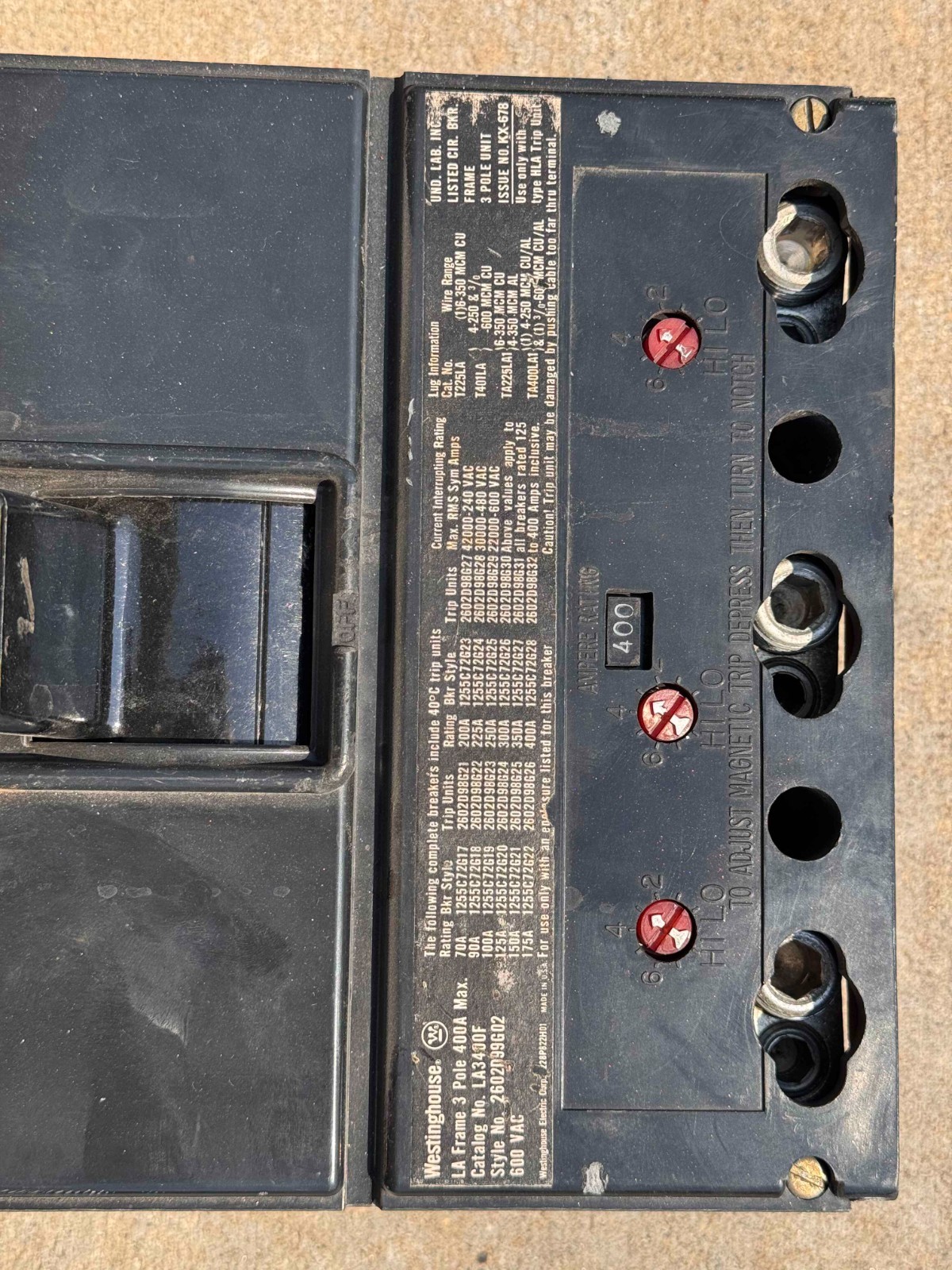 Westinghouse LA3400F Circuit Breaker 400A 3-Pole 600VAC