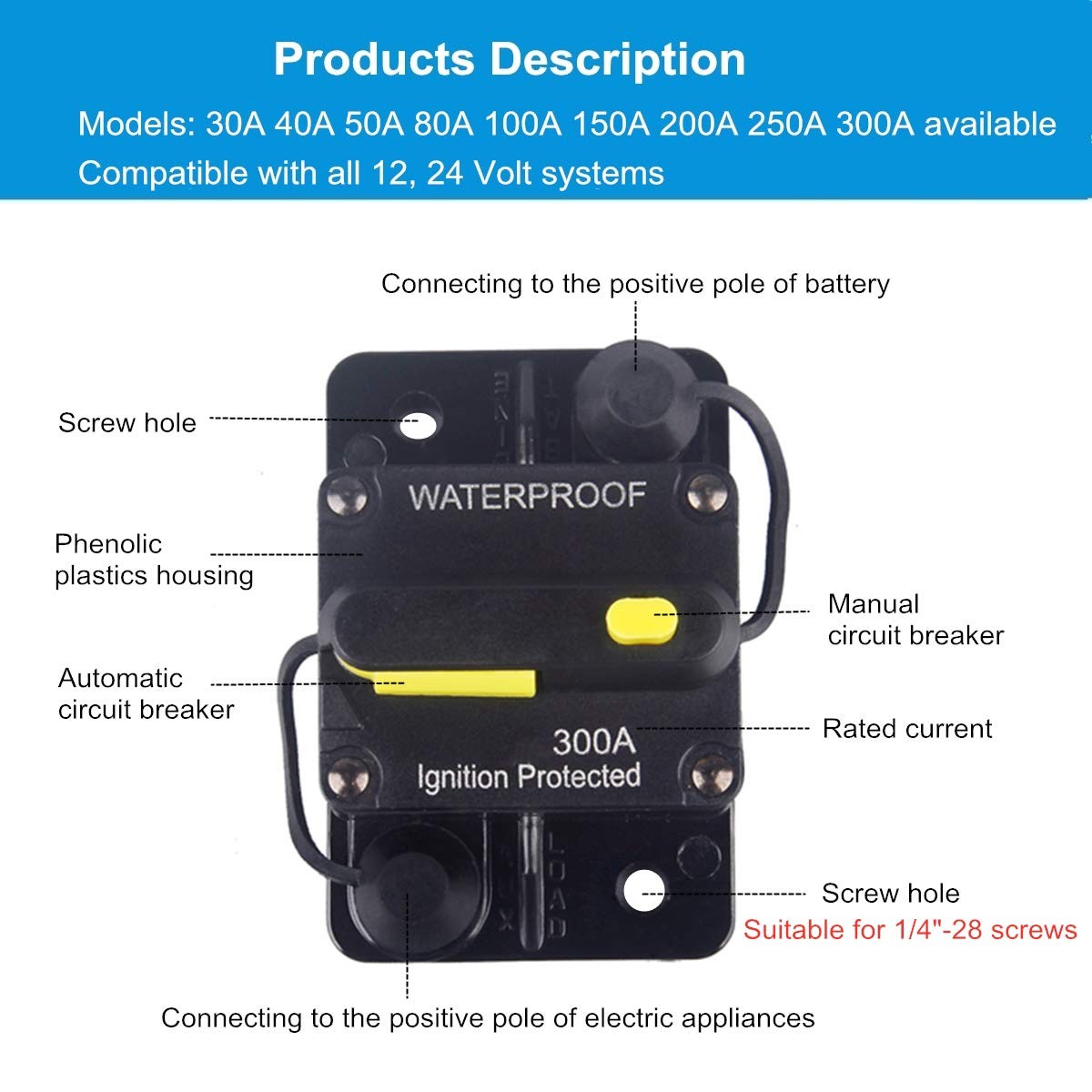 250 Amp Circuit Breaker Dc 12v 48v Waterproof 30a300a Manual Reset Fuse Inverter