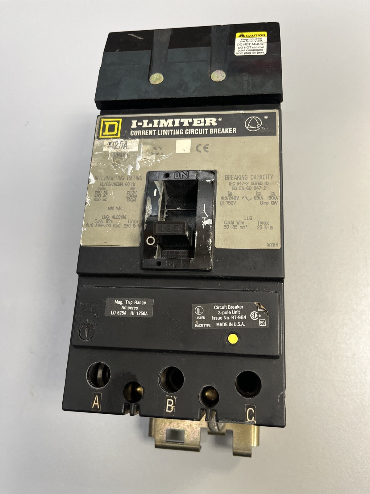 Square D KA36125 3 Pole 125 Amp 600 Vac I-Limiter Breaker (Working, Chipped)