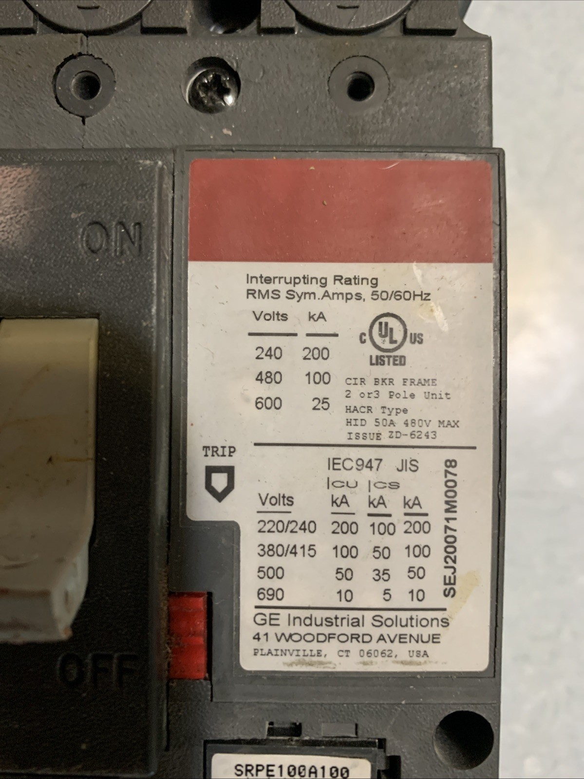 GE Spectra RMS AC Circuit Breaker SEPA36AT0100 100A 600V