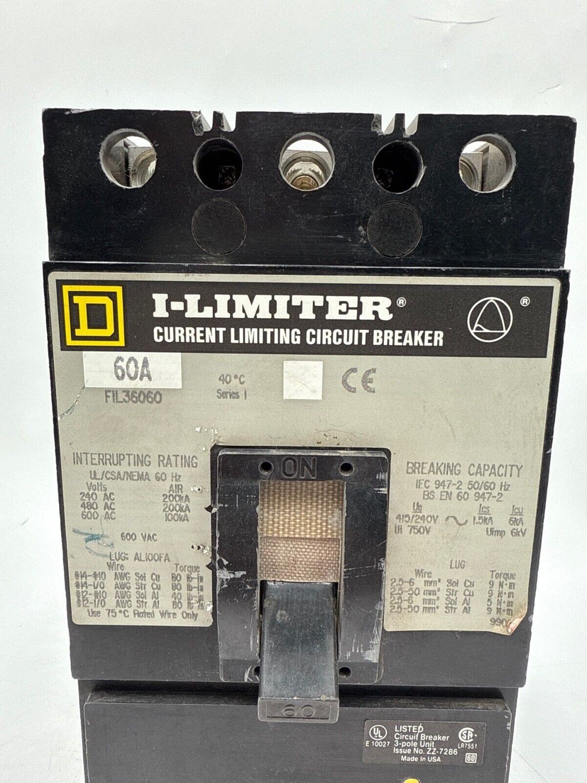 Square D FIL36060 Circuit Breaker 60A 3P 600V I-Limiter 60 Amp 3 Pole Used