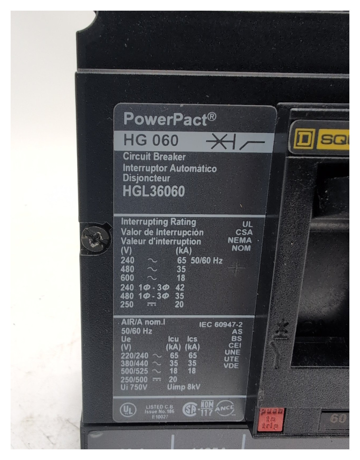 Square D HGL36060 60A 3P 600V Circuit Breaker USED