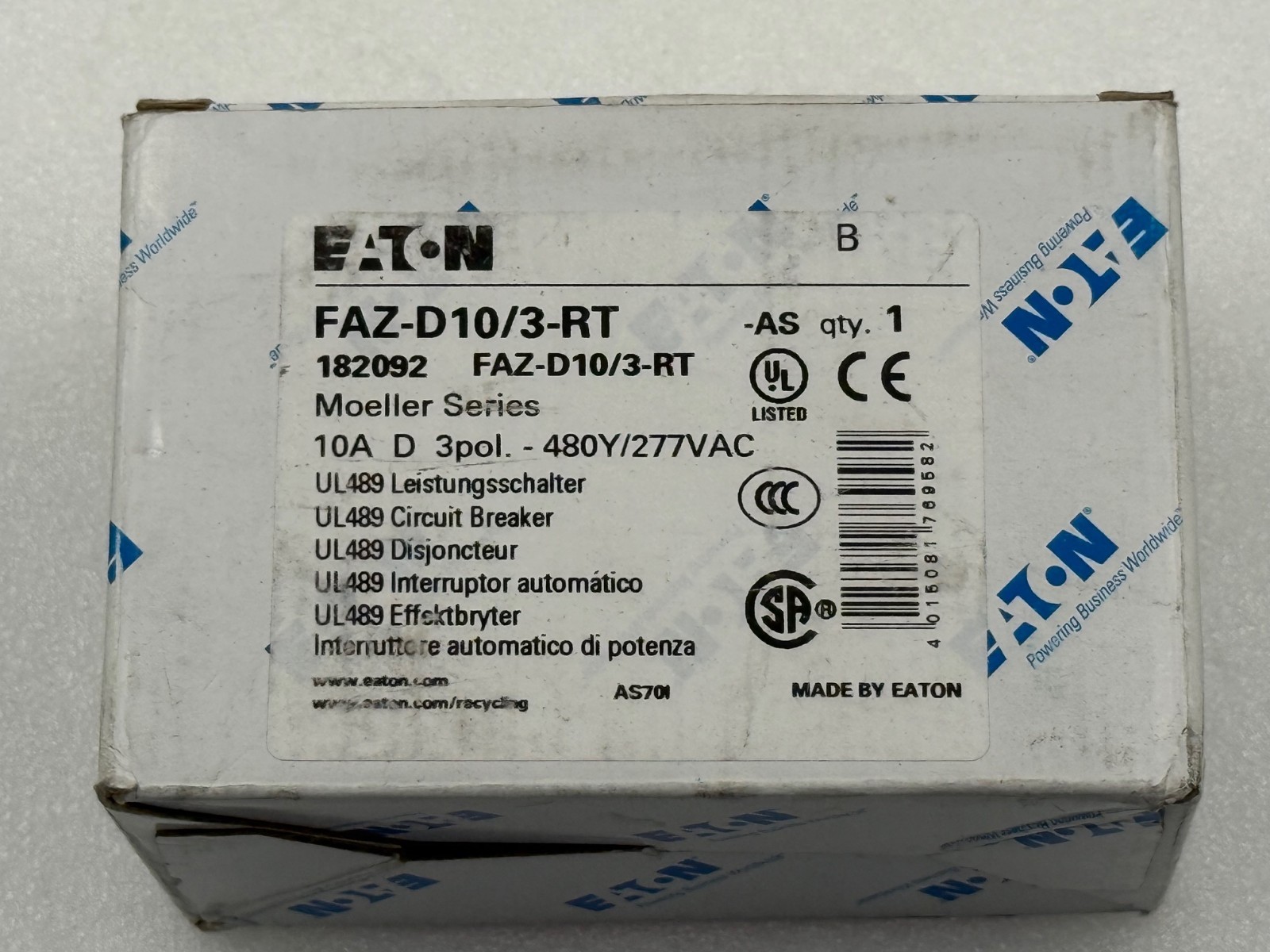 Eaton FAZ-D10/3-RT Moeller Series 3 Phase Circuit Breaker New in Box Surplus