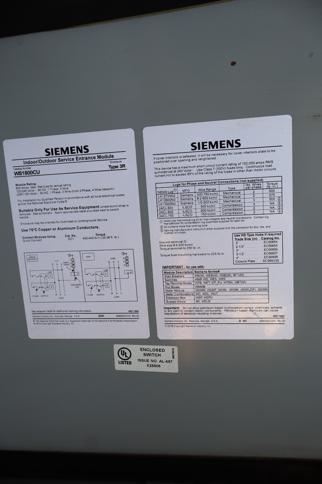 Siemens Power Mod 800A Modular Metering System WS1800CU Switch Module 1ph 240v